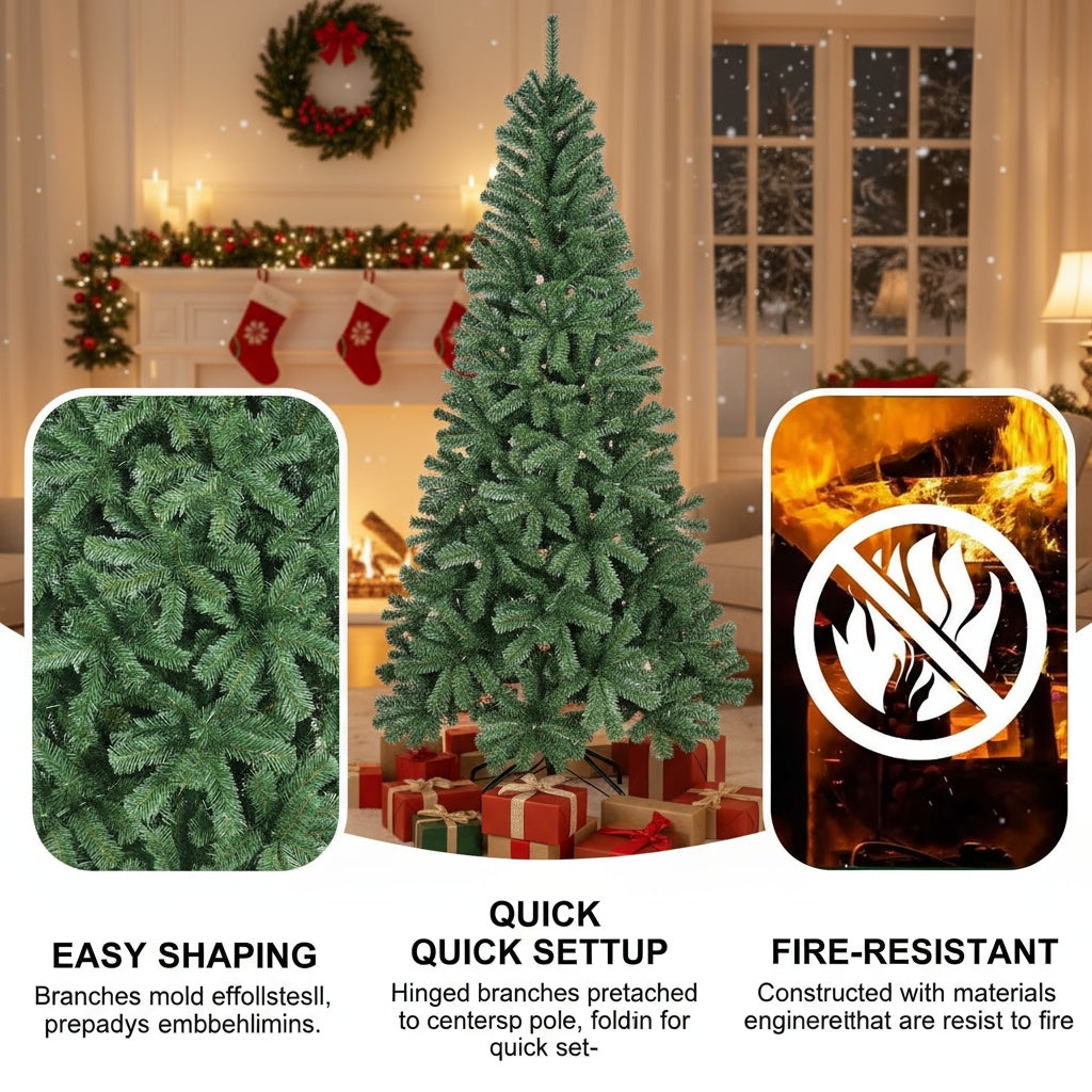 6FT Artificial Plant Natural Christmas Tree 500 PVC Tips Hinged Metal Stand Full Indoor Holiday Party Decor